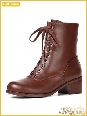 Victorian Lace Up Ankle Boots Faux Leather Chunky Heel Booties